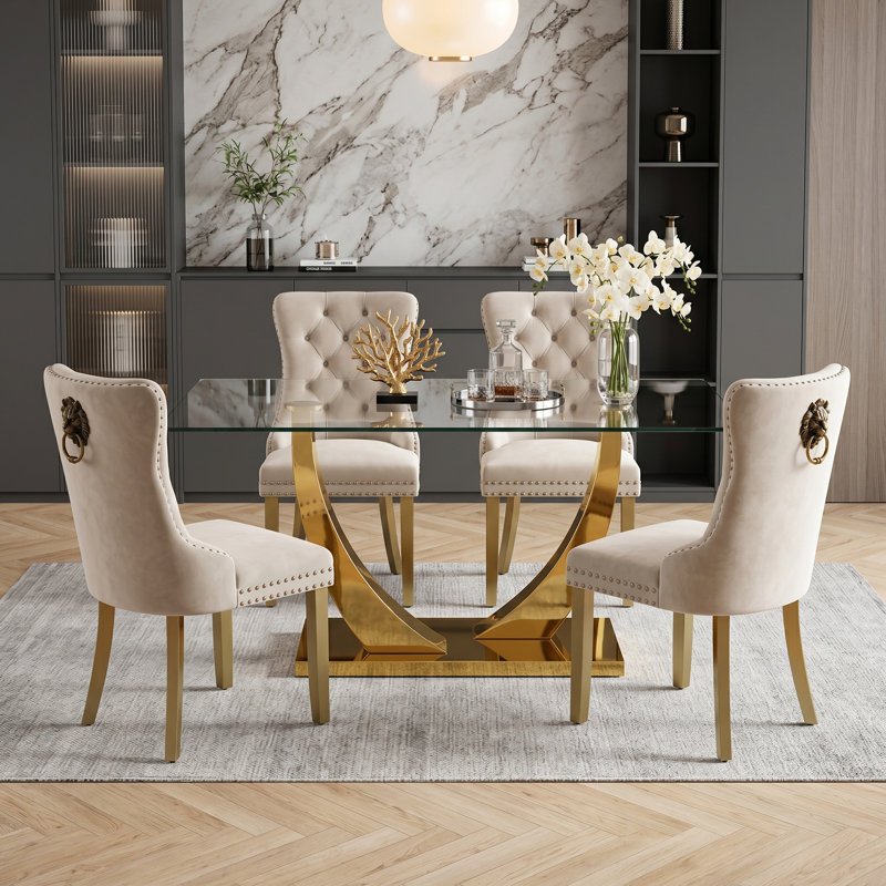 5-Piece Modern Glam Dining Table Set, Rectangular Tempered Glass with Lion Head Ring Pull Dining Chairs, Gold, Beige