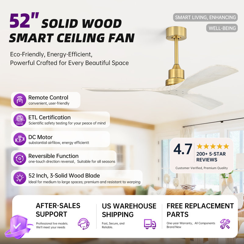 Sofucor Kemp 52" 3-Solid Wood Blade Classic Ceiling Fan with Remote Control and No Lights, Gold&Light Gray