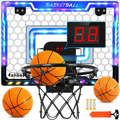 LED Mini Basketball Hoop Over The Door With Electronic Scoreboard, Battery Powered Indoor Basketball Toy Set For Boys Girls Age 3-8