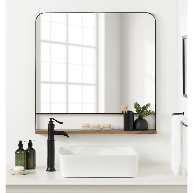 Branchville Metal Wall Mirror with Shelf, 32" x 32", Natural Brown and Black, Square
