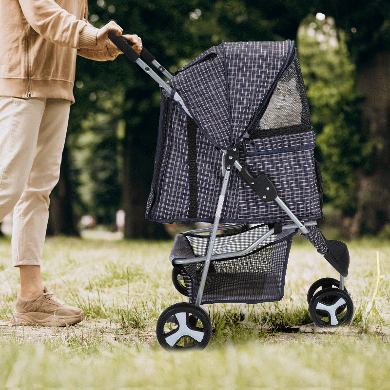Plaid Foldable Dog Stroller with Storage and Cup Holder