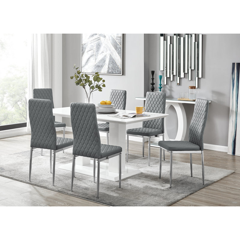 Edzard Double Pedestal High Gloss Dining Table Set with 6 Luxury Faux Leather Dining Chairs, Grey/Silver