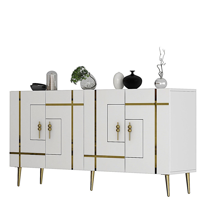 Console murale Catena, blanche et dorée, panneau de particules 100% mélaminé | Plusieurs tablettes, conception robuste, parfaite pour les décorations glamour et les solutions peu encombrantes