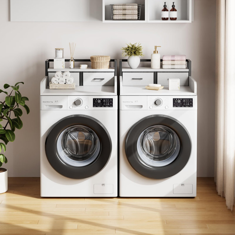 2-Tier Washer Dryer Countertop with Shelf and 2 Drawers, Washer and Dryer Topper with High Guardrails, Smooth Edges, for Laundry Hamper Counter Storage Organization-White