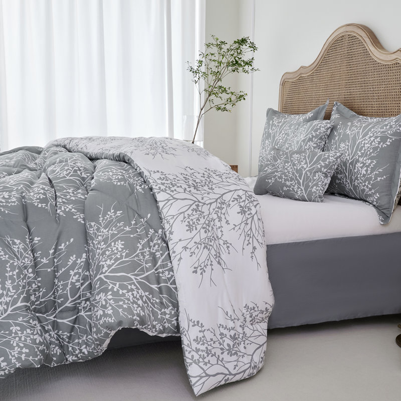 Foliage Reversible Comforter Set, Gray/White, King Comforter Set + 5 Additional Pieces