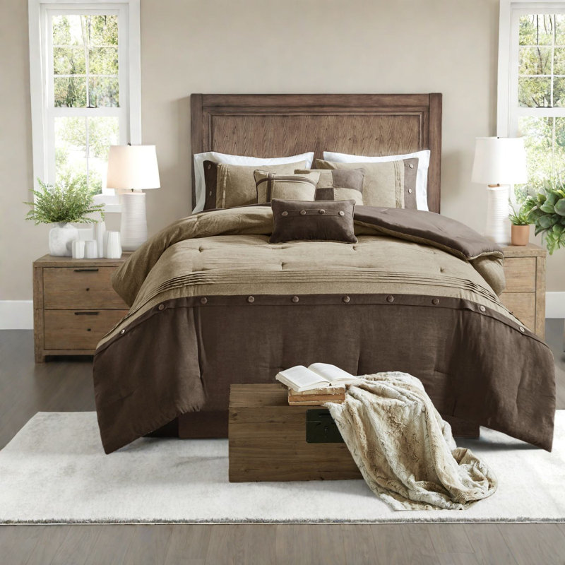 Rustic Lodge Bedding Sets, Faux Suede Polyester Comforter, Cal King With Decorative Pillows