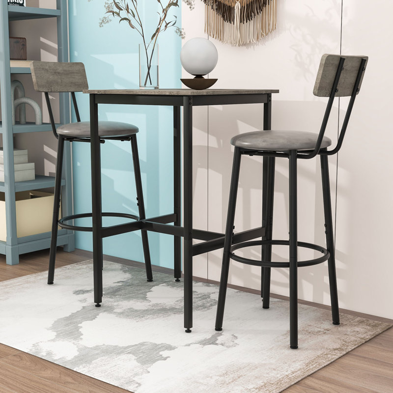 Ensemble de table de bar 3 pièces avec table carrée et 2 tabourets rembourrés, Gris, Gris