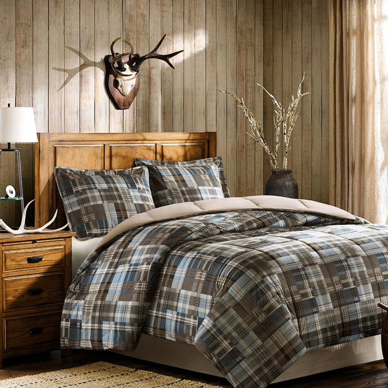 Literie douillette douillette - Édredon confortable double / grand toutes saisons avec deux taies décoratives assorties Tissu écossais bleu et brun Lavable en machine 2