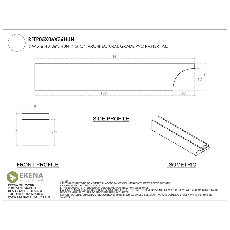 5"W x 6"H x 36"L Standard Huntington Architectural Grade PVC Rafter Tail, 6"H x 5"W x 36"D