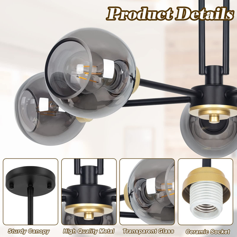 5-Light Globe Chandelier Pendant Lighting - Modern Large Semi-Flush Ceiling Light Fixture With Smoked Glass, Black