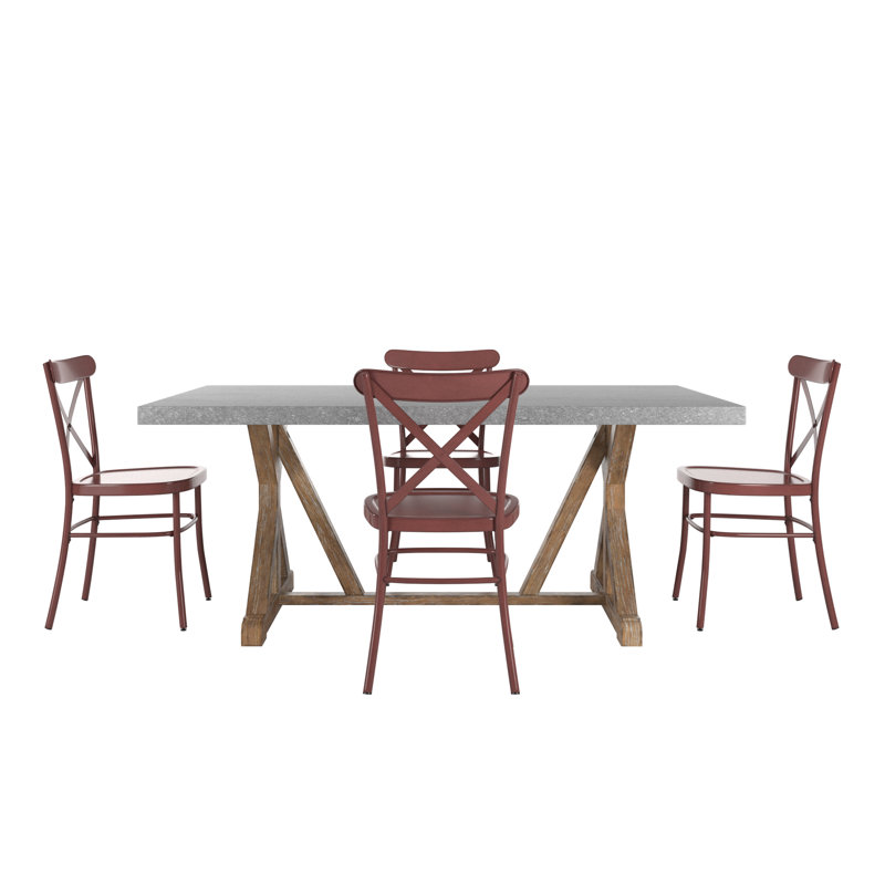 Cann Rustic Pine Frame Concrete Veneer Top Dining Table Set - Full Concrete Veneer Top Table And 4 Chairs, Red