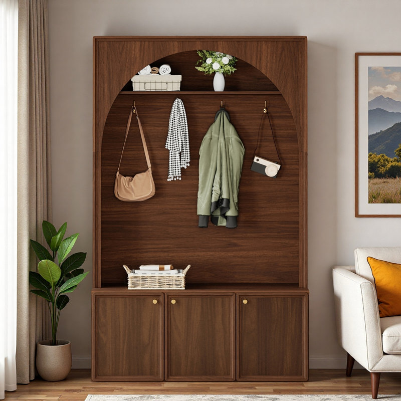 Retro Arched Hall Tree With Adjustable Shelves, Bench, Cabinets, Coat Rack And Open Shelving, Walnut