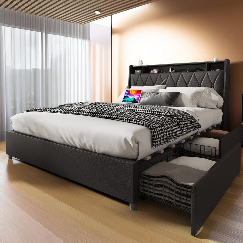 Base de lit plateforme avec tête de lit, ports de charge, tablette de rangement, Noir, noir, noir, noir, Lit double