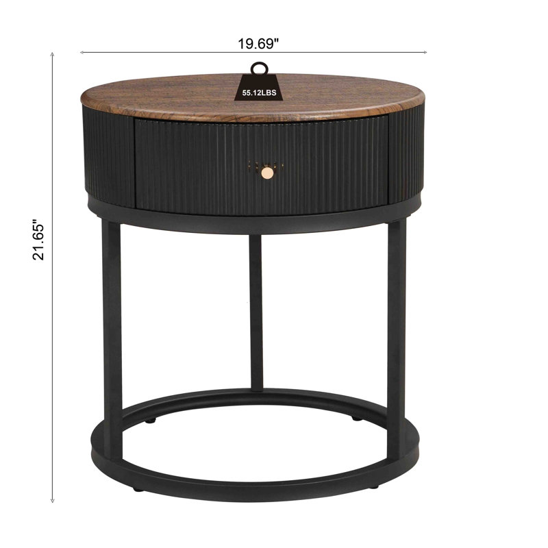 Round End Table Side Table with Drawer, Black, Black