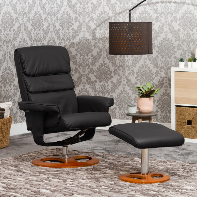 Axelrod Faux Leather Manual Swivel Massage Recliner With Ottoman, Black