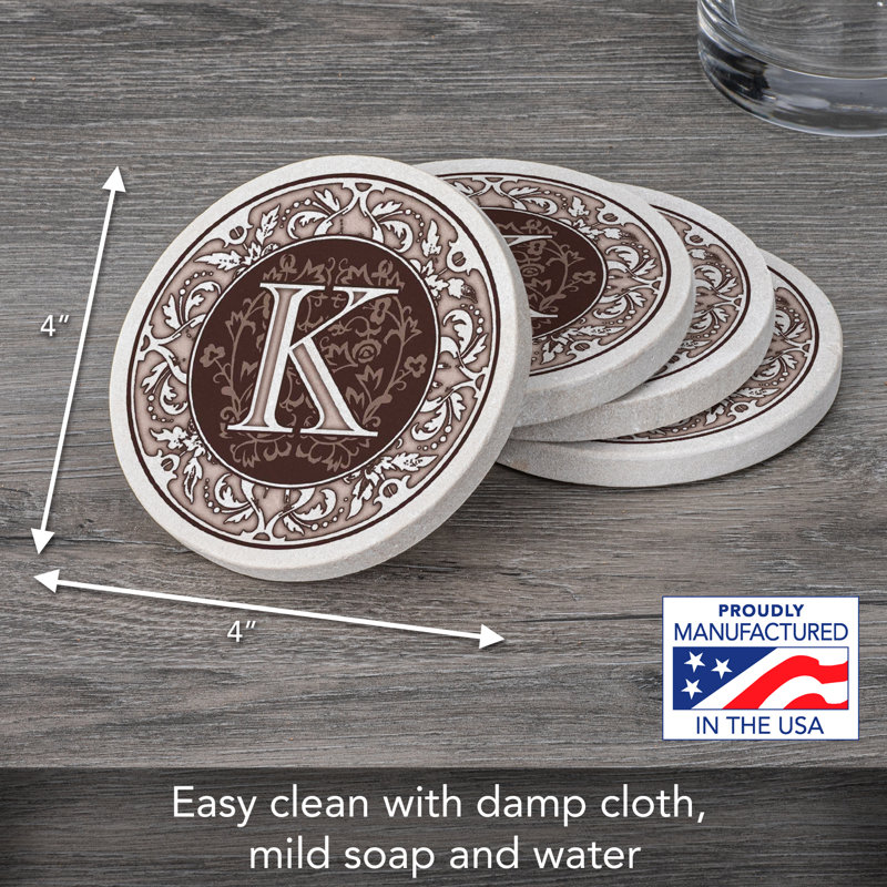 Ophelia & Co. 4 Pack Monogram Sandstone Coasters in Bronze Iron Ram Coaster Holder, K