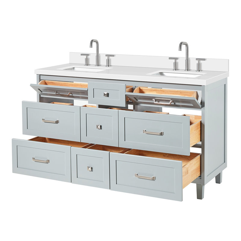Ariel Monroe 61 Inch Double Rectangular Sink Bathroom Vanity With Pure Quartz Countertop, Gray
