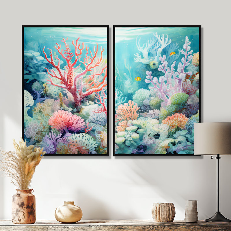 Underwater Coral Symphony Ii II - impressions sur toile côtières roses, Impression encadrée flottante, Noir