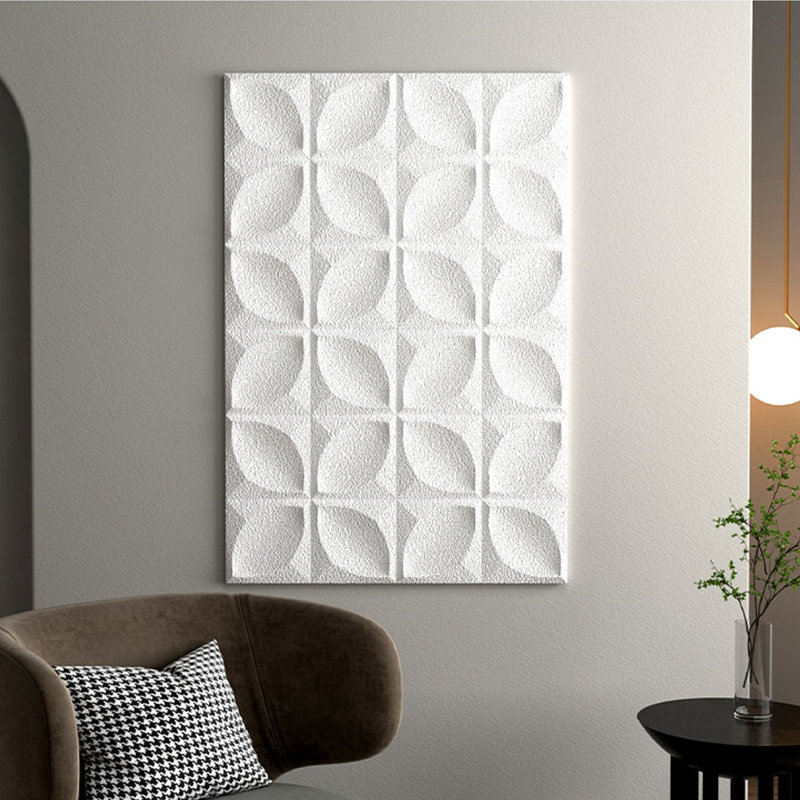 Art mural géométrique blanc texturé 3D en grès, feuille abstraite sans cadre, art mural prêt-à-accrocher en plusieurs tailles