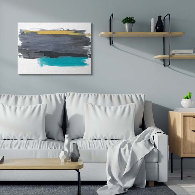 Abstrait coups de pinceau jaune et gris par Bronwyn Baker - Peinture, Toile tendue, H 30 po x l 40 po