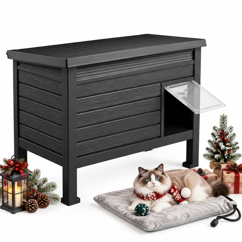 Abri pour chat en résine résistant aux intempéries avec plancher surélevé de 26,79 po de hauteur (noir) (coussin inclus)