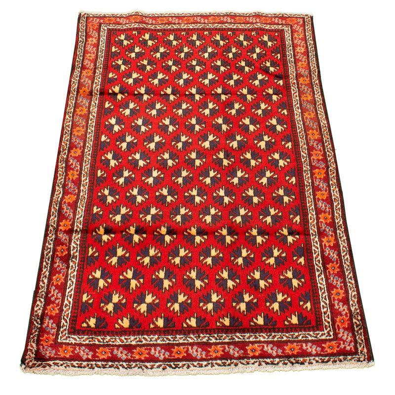 Tapis décoratif en laine rouge de conception unique 4 pi 3 po x 6 pi 11 po Borislavka noué à la main 1980s