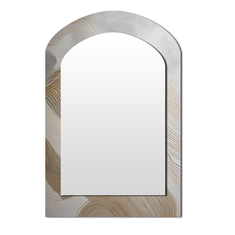 Gold And Grey Line Art In Motion III - Line Art Asymmetrical Wall Mirror, Gold Arch Decorative Mirror, Printed Metal Art