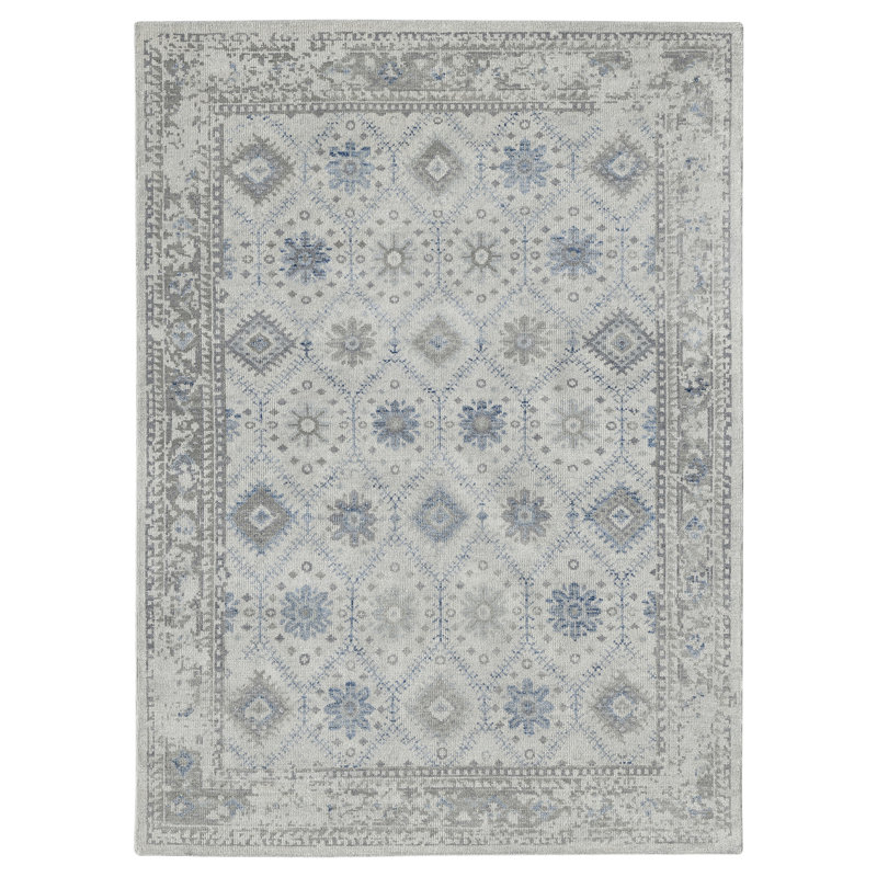 Tapis oriental bleu / gris en laine noué à la main Bushton, Rectangle 2 pi x 3 pi