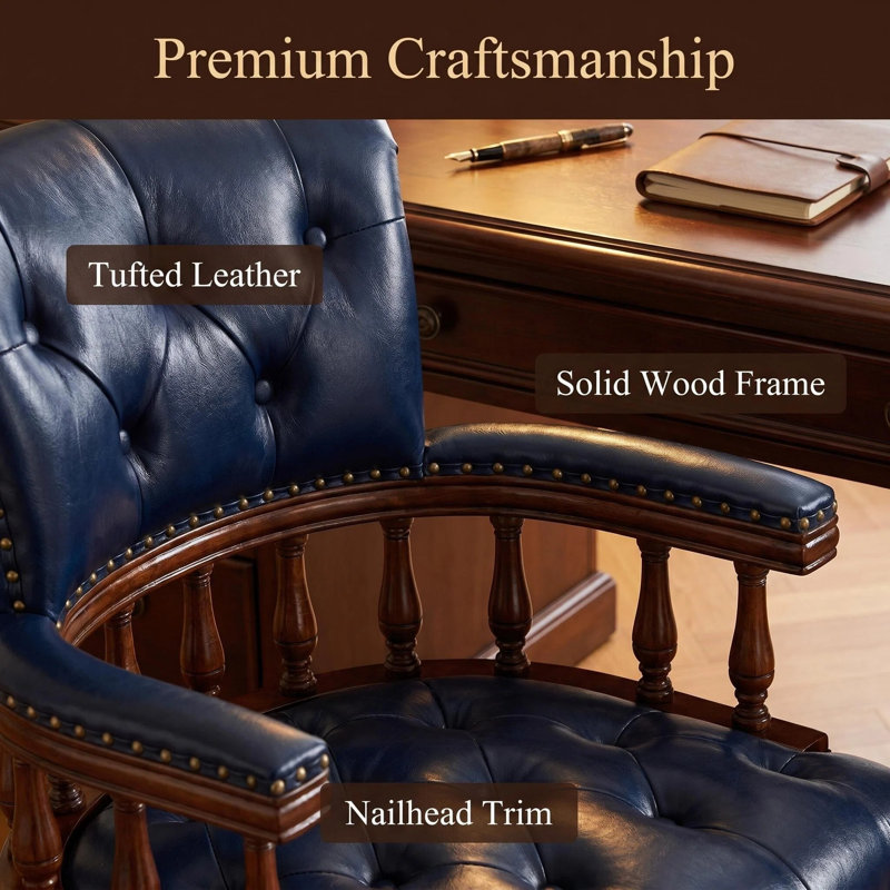 Fauteuil de direction en cuir de style rétro, fauteuil de bureau ergonomique avec base en bois massif, fauteuil d'ordinateur avec support lombaire rembourré