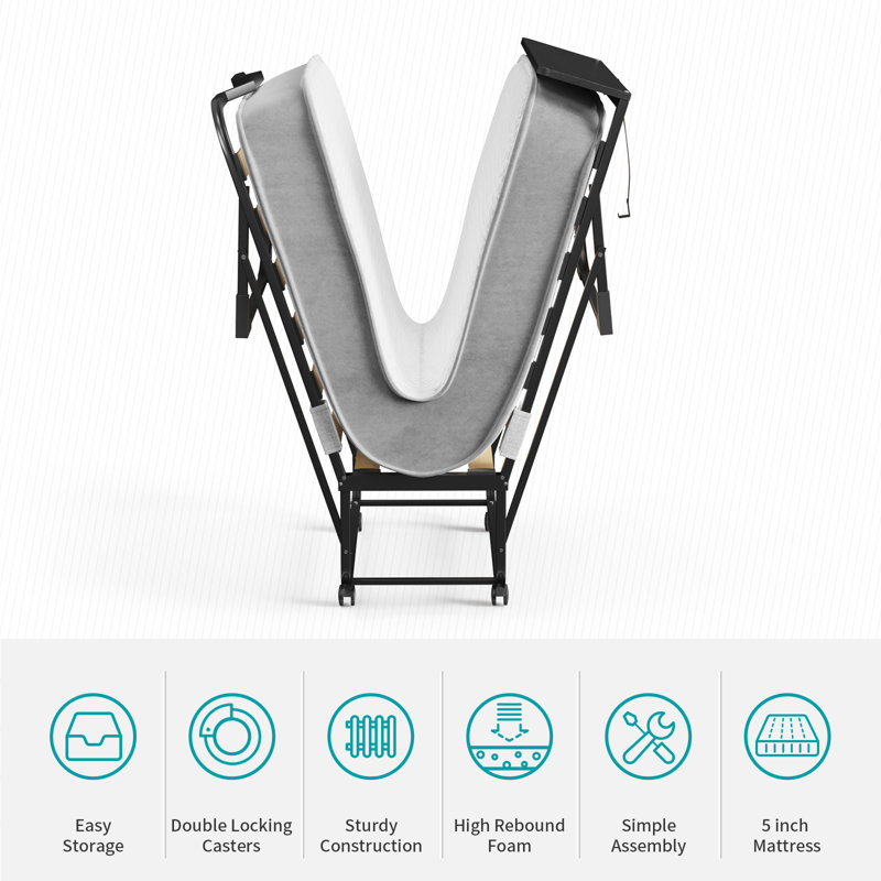 Lit pliant Balus avec matelas pour adultes, lit pliant pour lit de camp avec matelas en mousse à mémoire de forme de 5 po et lattes en bois massif, lit pliant simple avec sac anti-poussière et déflecteur (surclassement)