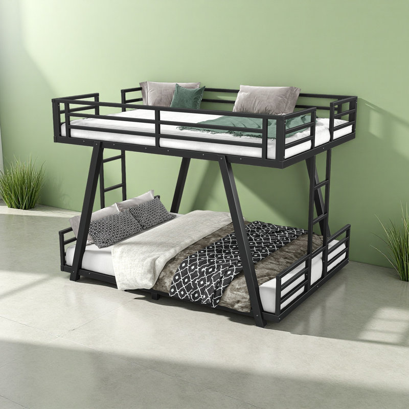 Metal Bunk Bed with Spdcial Support Leg Design, Low Profile Bunk Bed, Full Over Full
