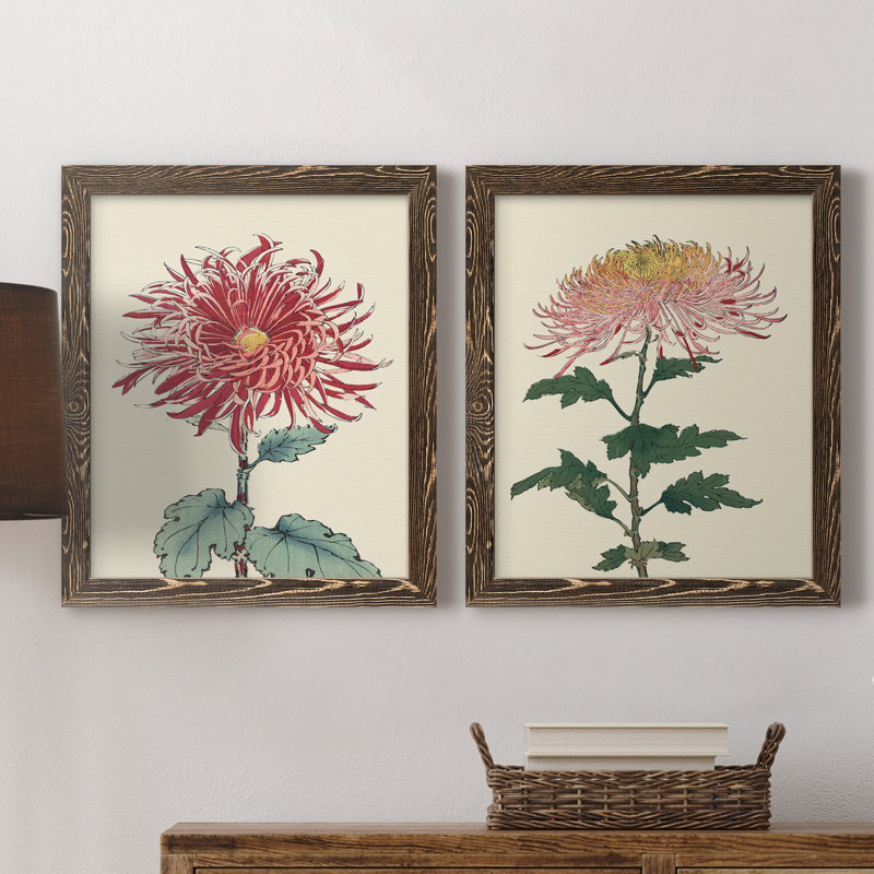 Toile de chrysanthème, H 20 po x l 17 po x P 1 po, Toile avec cadre en noyer