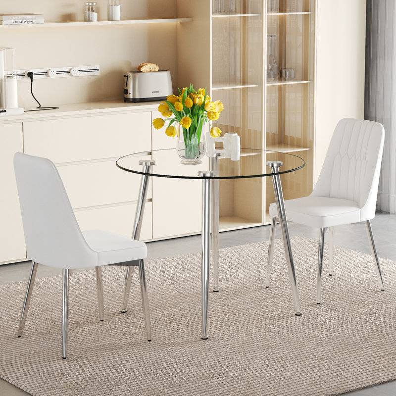 Ensemble de salle à manger luxueux en métal argenté avec plateau en verre transparent - parfait pour les espaces minimalistes modernes, pour manger, prendre un café et plus encore