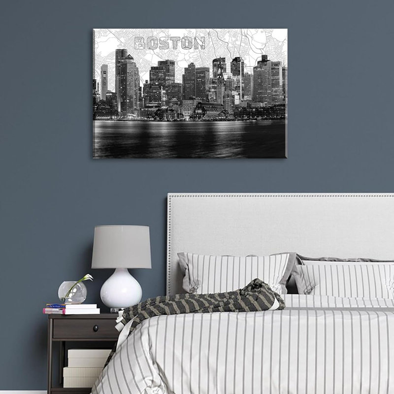 «Boston Skyline», reproduction d'art sur toile - peinture panoramique moderne en noir et blanc, encadrée, prête à être suspendue, décor pour la maison, le salon, la chambre à coucher, le bureau, 24 po x 36 po