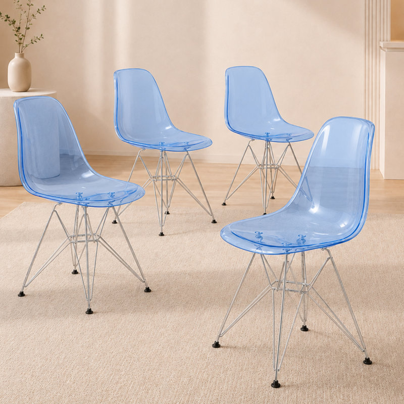 Chaise de salle à manger Northfleet, Ensemble de 4, Chrome chrome, Bleu transparent