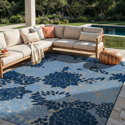 Tapis intérieur / extérieur floral / beige / bleu marine / bleu intérieur / extérieur