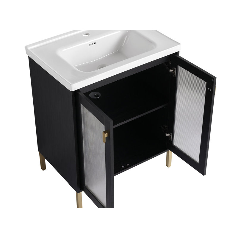 Contreplaqué de meuble-lavabo autoportant avec lavabo en céramique, porte à fermeture douce, robuste et durable