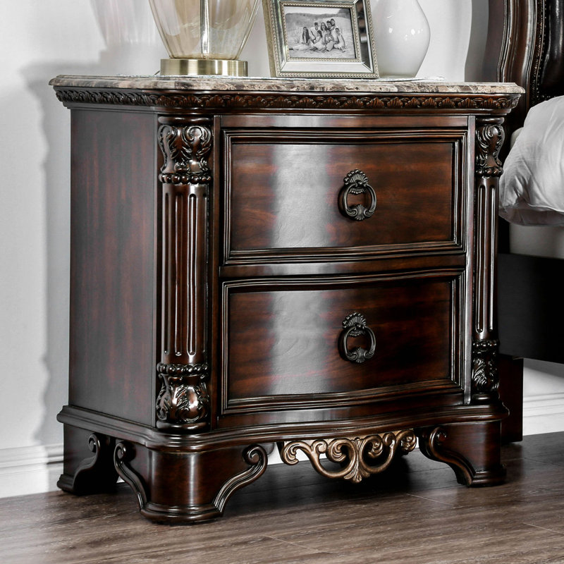 Table de chevet en marbre véritable, ensemble de 2 tiroirs, cerisier brun