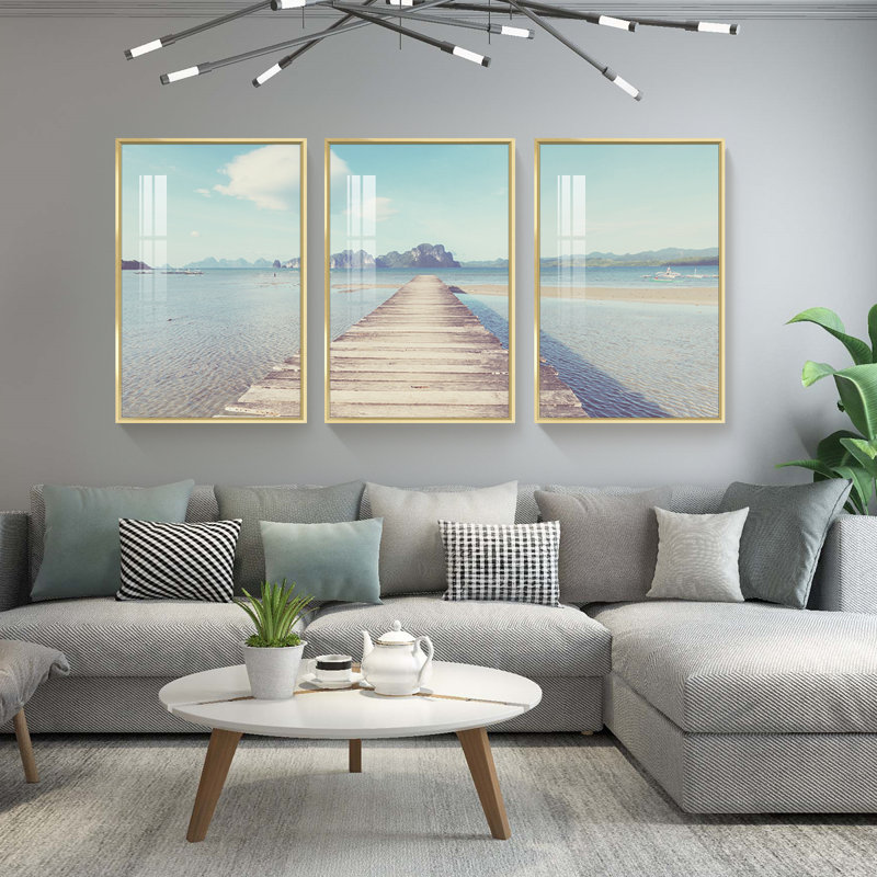 Bord de mer - Photographie flottante sur toile 3 pièces, Or, H 36,3 po x l 48,9 po x P 1,65 po