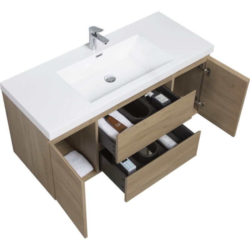 Meuble-lavabo flottant avec lavabo en résine et tiroirs à fermeture en douceur, Chêne naturel / blanc