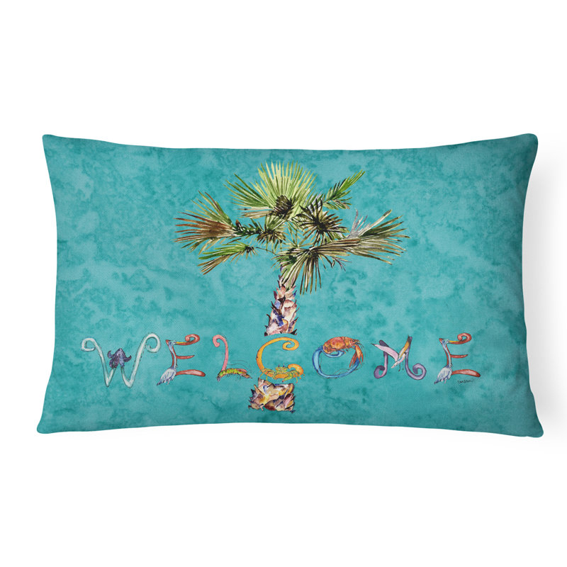  Welcome Palm Tree Indoor/Outdoor Throw Pillow, Teal