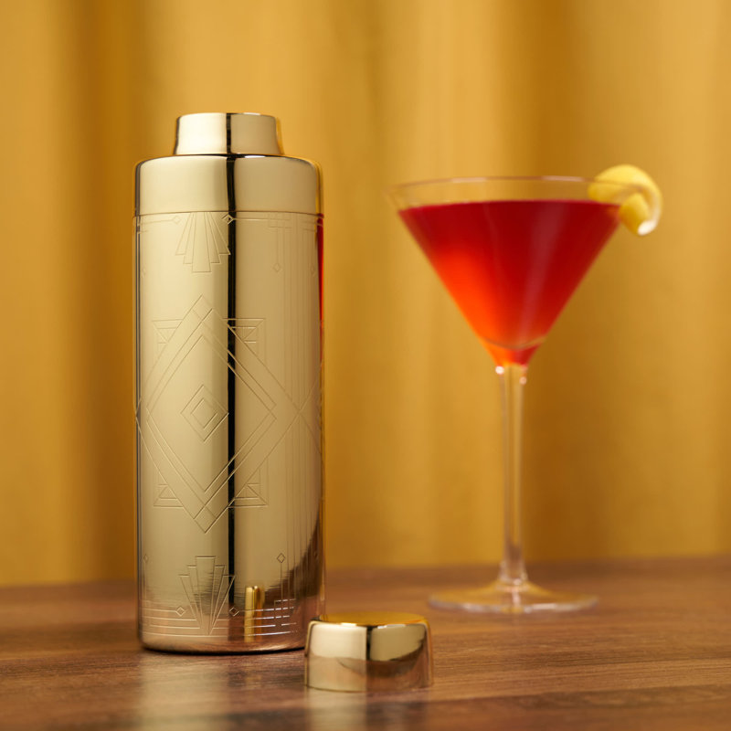 Gold Art Deco Stainless Steel Cocktail Shaker with Strainer