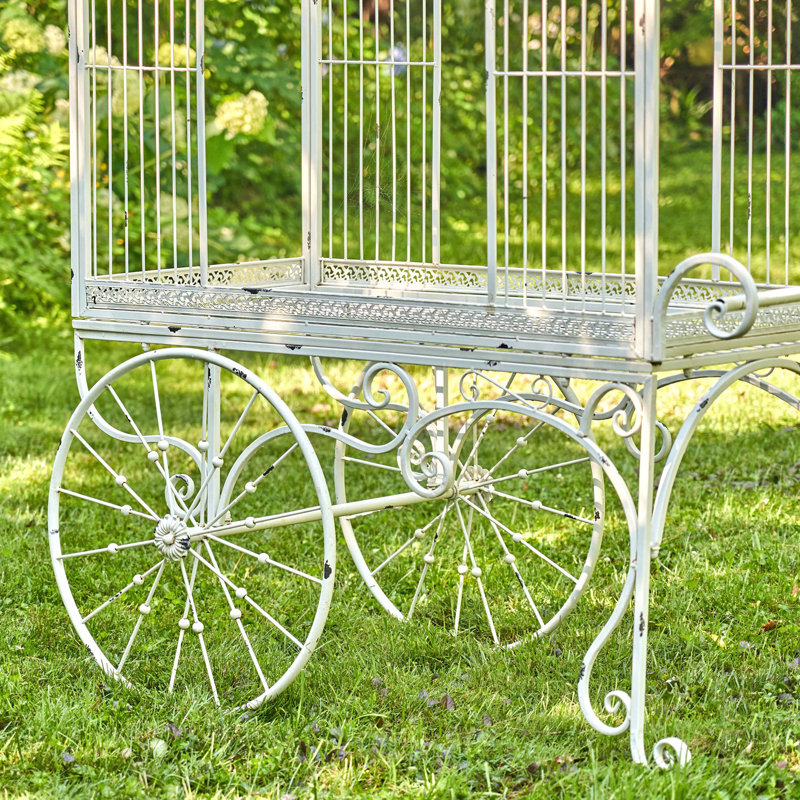 Large Antique White Metal Flower Cart with Curved Roof