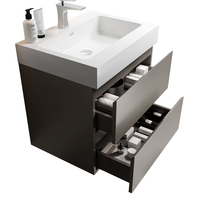 Meuble-lavabo gris avec lavabo mural 24 po - moderne, double tiroir pour un rangement efficace, girafe silencieuse, sans rangement supplémentaire, élégant
