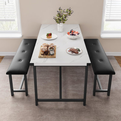 Dining Table Set for 4, Industrial Kitchen Dining Table with 2 Upholstered Benches, Thickened Tabletop, Space-Saving 3-Pieces Dining Room Table Set fo by Ebern Designs