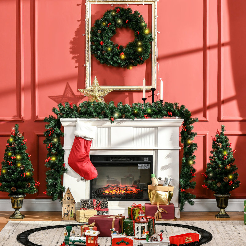 Décoration de Noël 4 avec pin: lumières à DEL, baies rouges, 2 arbres d'entrée Décor: chaleureux, plantes