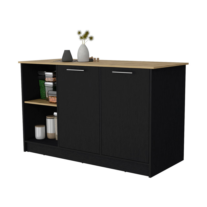 Mercury Kitchen Island With Spacious Countertop, Double Door Cabinets, And 2 Open Storage Shelves, Black/Natural