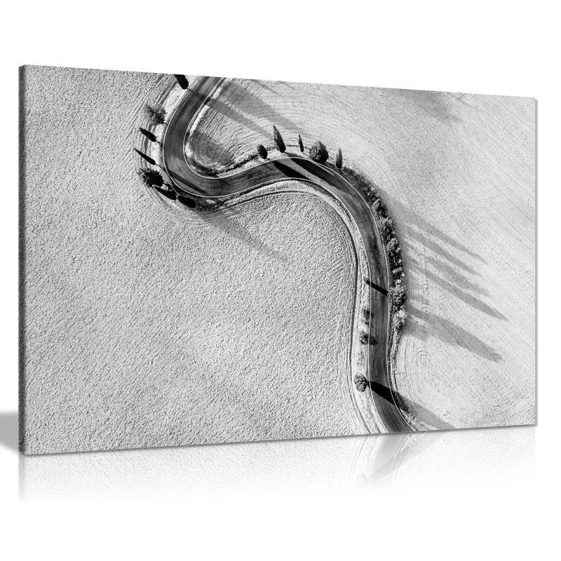 Fields And Curved Road Aerial View - Wrapped Canvas Print, 20cm H x 31cm W
