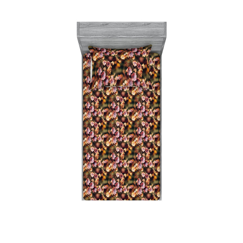 Ambesonne Fitted Sheet & Shams, Twin XL Sheet Set with 1 Pillowcase, Pale Orange/Mauve/Green Flower