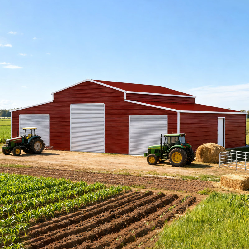 Garage en métal de 42 pi x 30 pi pour la maison et la ferme, acier vieilli, 14 cadres, 26 panneaux, trois portes roulantes, entrée latérale, fenêtre, finition rouille rouge, rangement pour outils de 15 à 20 ans